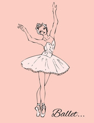 Ballerina in white tutu and pointe shoes on a pink background