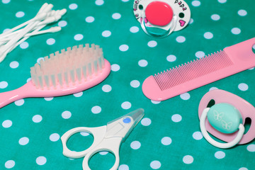 Set of pacifier and brushes for newborn babies