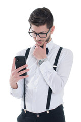 Upset stressed man holding cell phone and reading massage