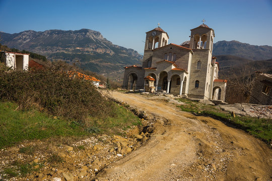 Sliding village Ropoto and church after a landslide in Greece