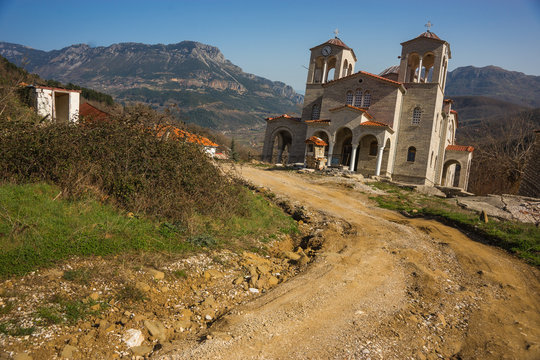 Sliding village Ropoto and church after a landslide in Greece