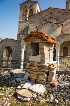 Sliding village Ropoto and church after a landslide in Greece