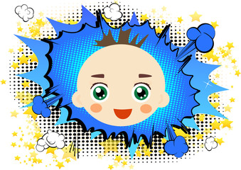 Baby face on comic book abstract background