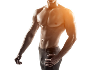 Fototapeta premium Strong man showing perfect body, abs and chest. Close-up