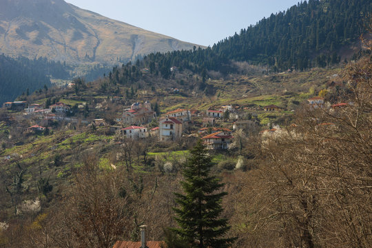 Sliding village Ropoto and church after a landslide in Greece