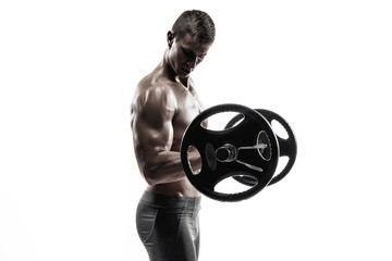 Strong man exercising fitness body building exercises with a barbell