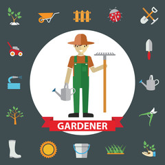 Man gardeners standing with their garden tools. Environmental activities. Gardening icons set