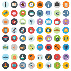 Flat icons design modern vector illustration big set of various financial service items, web and technology development, business management symbol, marketing items and office equipment on background.