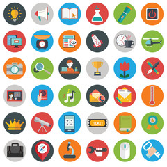 Flat icons design modern vector illustration big set of various financial service items, web and technology development, business management symbol, marketing items and office equipment on background