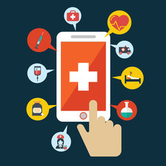 Health application on a smartphone. Open with hand cursor. Vector icon.