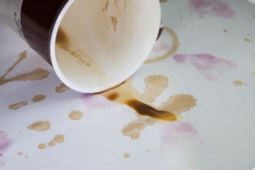 Coffee stains on a white tablecloth..