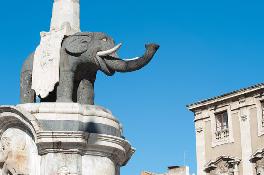 The famous lava stone statue of an elephant and its obelisk in Catania, Sicily, the symbol of the town