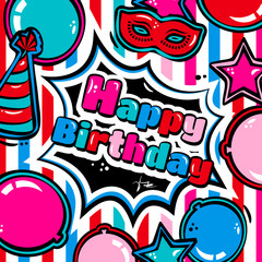Birthday card with balloons, blast, carnival mask and hat. Vector.