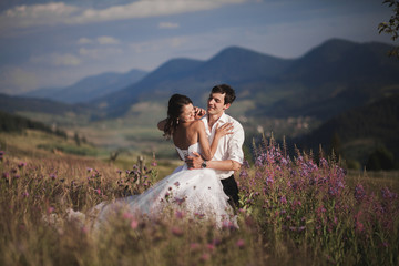 Romantic fairytale couple newlyweds kissing and embracing on a background of mountains 