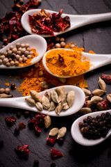 spices and herbs on wooden table , medicinal concept