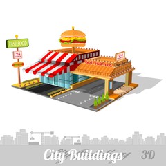 fast food building with hamburger on roof isolated on white