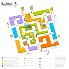 flat business maze infographic background top view with finanial board game game cells dice game pieces money