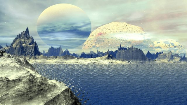 4K. Rocks and  lake. Landscape of stranger planet