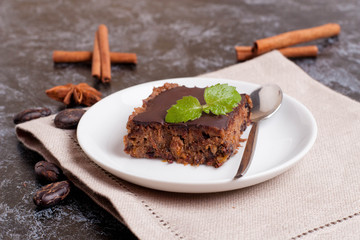 chocolate cake slice, decorated mint and spice