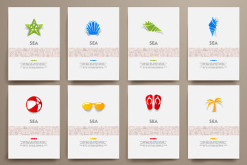 Corporate identity vector templates set with doodles sea theme