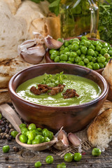 Potage soup made from fresh domestic peas with spices