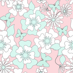 Floral seamless pattern in retro style, cartoon cute flowers bac
