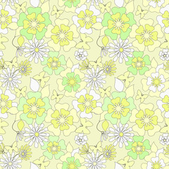 Floral seamless pattern in retro style, cartoon cute flowers bac