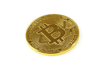 Golden Bitcoins isolated on white background.