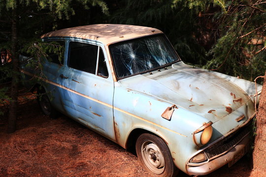 Crushed retro car,the Ford Anglia,Classic blue Ford Anglia
