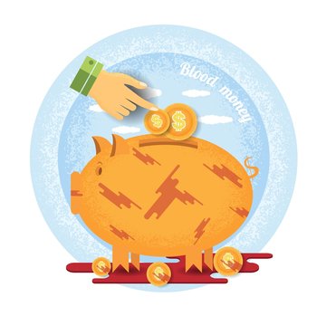 hand pointer put in coin in bloddy piggy bank stand in pool of blood. Vintage retro style blood money icon on blue circle background