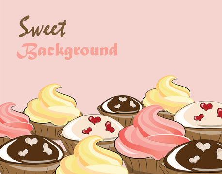 Vanilla cream and chocolate cupcakes background. Vector