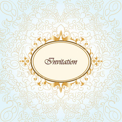 Gold frame invitation with ornaments background. Vector