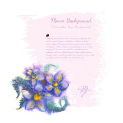 watercolor violet flowers with leaves in left down corner pink background middle for your text