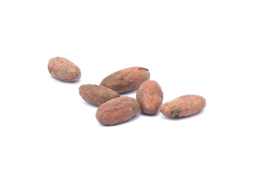 Roasted cacao beans isolated on white background