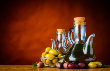 Bottle Olive Oil and Olives and Copy Space