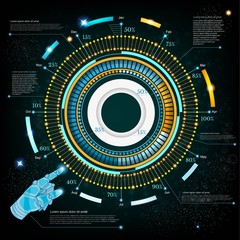 Obraz premium space background or hightech futuristic interface with robot hand handpointer HUD and GUI