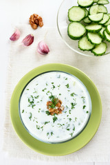 Spring soup with yogurt, cucumber and nuts