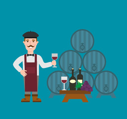 winemaker with wine glass wooden wine barrels wine bottles grapes bunch wine cellar