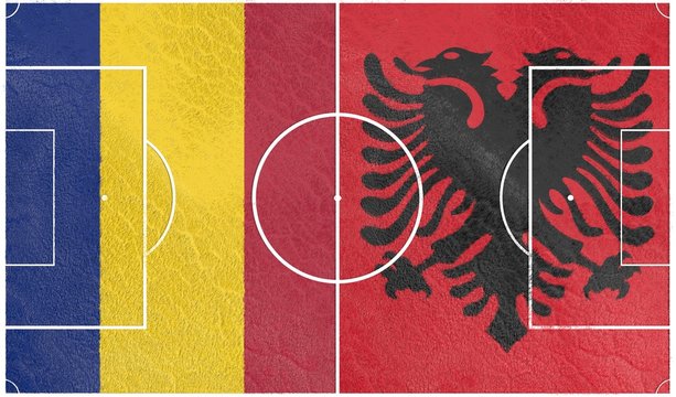 Flags of  European countries participating to the final tournament of Euro 2016 football championship. Football field textured by Romania and Albania national flags.