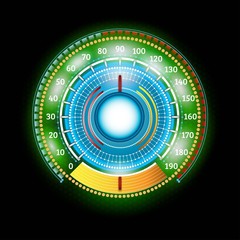 car round abstract green shiny speedometer with arrow indicators