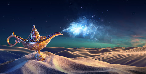 Lamp of Wishes In The Desert - Genie Coming Out Of The Bottle
 - obrazy, fototapety, plakaty