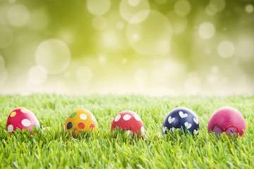 Easter eggs on grass with bokeh background
