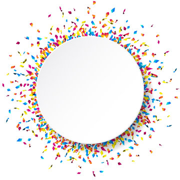 White round paper banner with colorful confetti. Vector illustration.