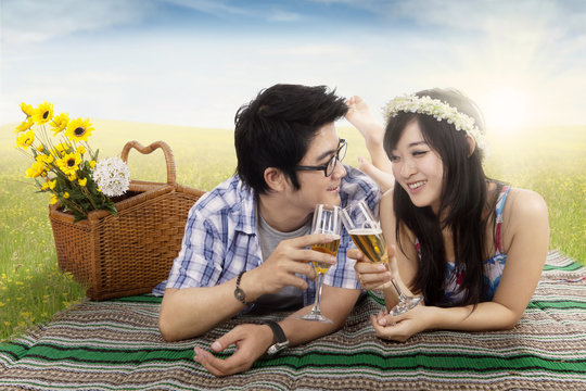 Happy couple drinking champagne on picnic