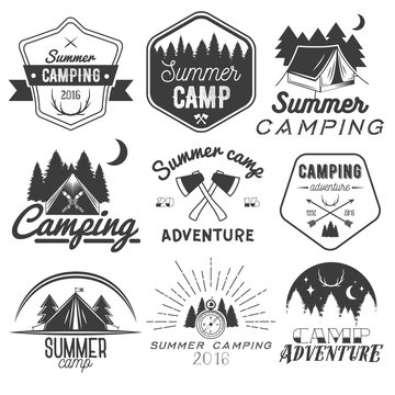 Vector set of camping labels in vintage style. Design elements isolated on white background. Camp outdoor adventure concept illustration.