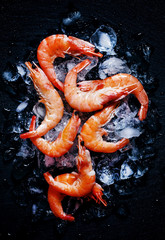 Food flat background, shrimp and ice on dark stone, top view
