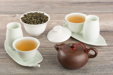 Tea set on wooden table