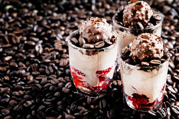 Coffee dessert with vanilla ice cream, fresh strawberries, choco