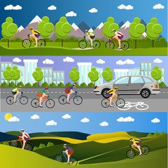Group of bicycle riders on bikes in mountains, city road and park. Biking sport banners. Vector illustration flat style