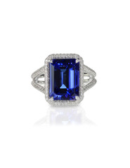 Large emerald cut sapphire  blue  engagement cocktail fashion ring with halo setting and pave...